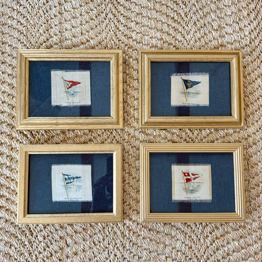 Set of 4 Antique Yacht Boating Club Silks on Navy Linen in Gold Frames (Set G)