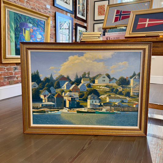 Loretta Krupinski Stonington Harbor, Maine Seaside Harborscape Oil Painting in Dark Gold Frame