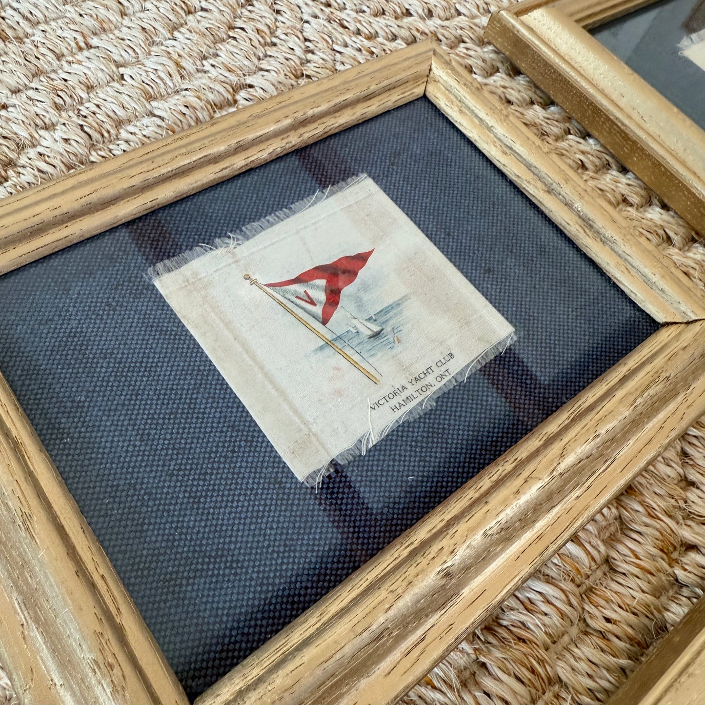 Set of 4 Antique Yacht Boating Club Silks on Navy Linen in Gold Frames (Set G)