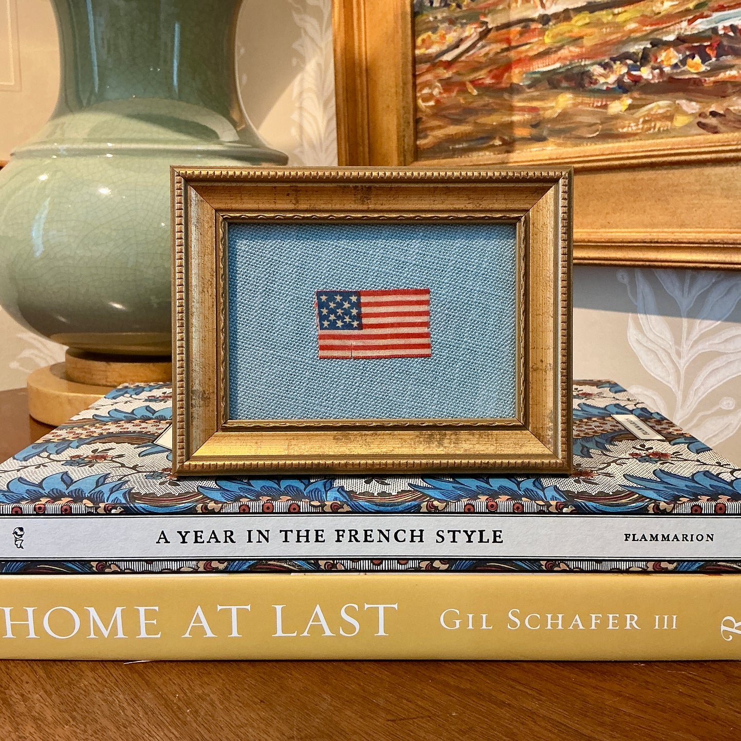 Antique Silk 13 Star American Flag on Light Blue Pique in Gold Carved Frame