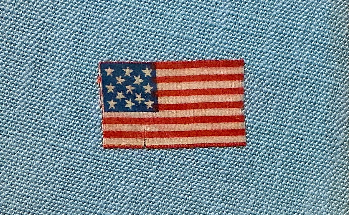 Antique Silk 13 Star American Flag on Light Blue Pique in Gold Carved Frame