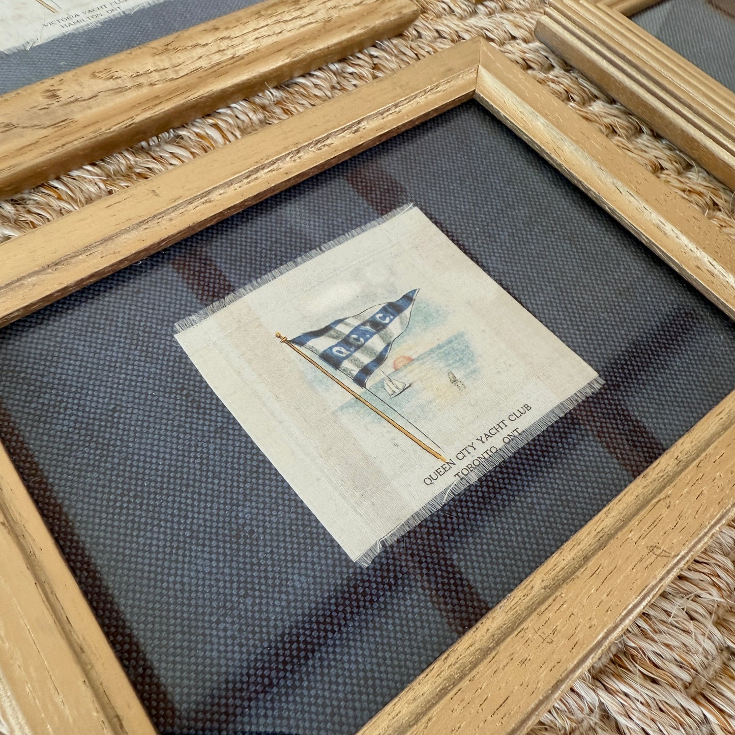 Set of 4 Antique Yacht Boating Club Silks on Navy Linen in Gold Frames (Set G)