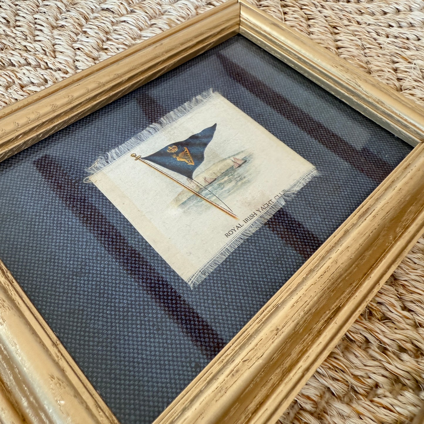 Set of 4 Antique Yacht Boating Club Silks on Navy Linen in Gold Frames (Set G)