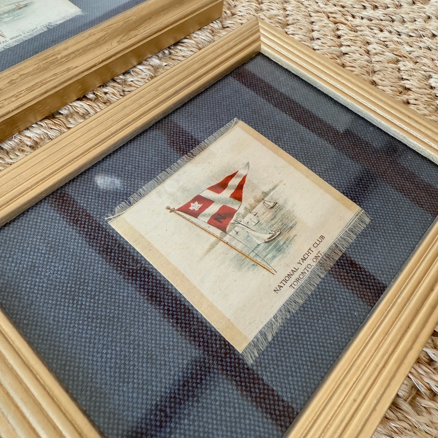 Set of 4 Antique Yacht Boating Club Silks on Navy Linen in Gold Frames (Set G)