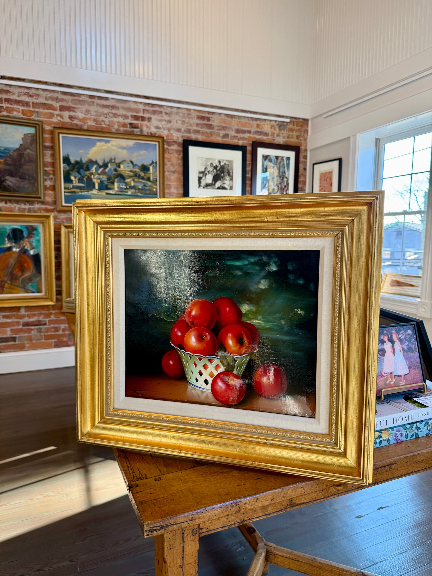 Dominique Obeniche Porcelaine de Paris aux Pommes et Cerises Oil Painting Still Life in Gold Frame