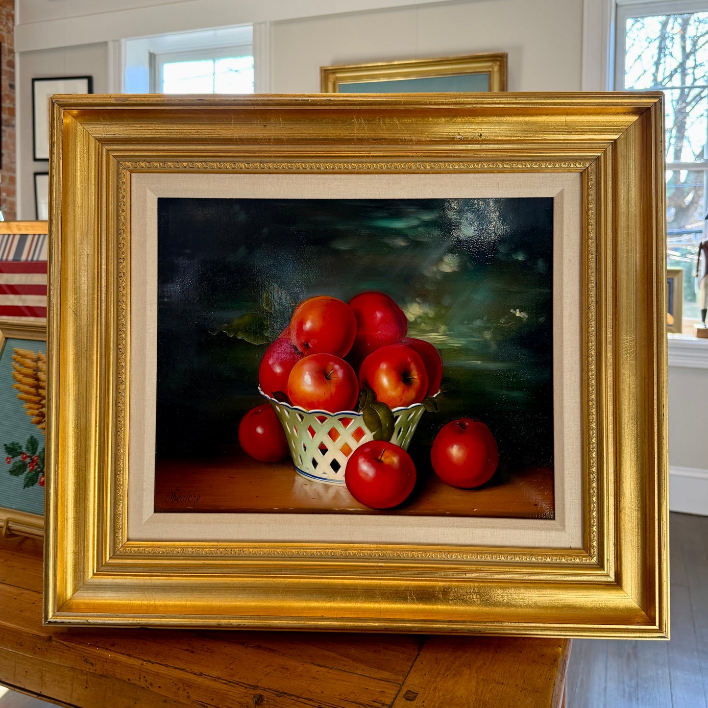 Dominique Obeniche Porcelaine de Paris aux Pommes et Cerises Oil Painting Still Life in Gold Frame