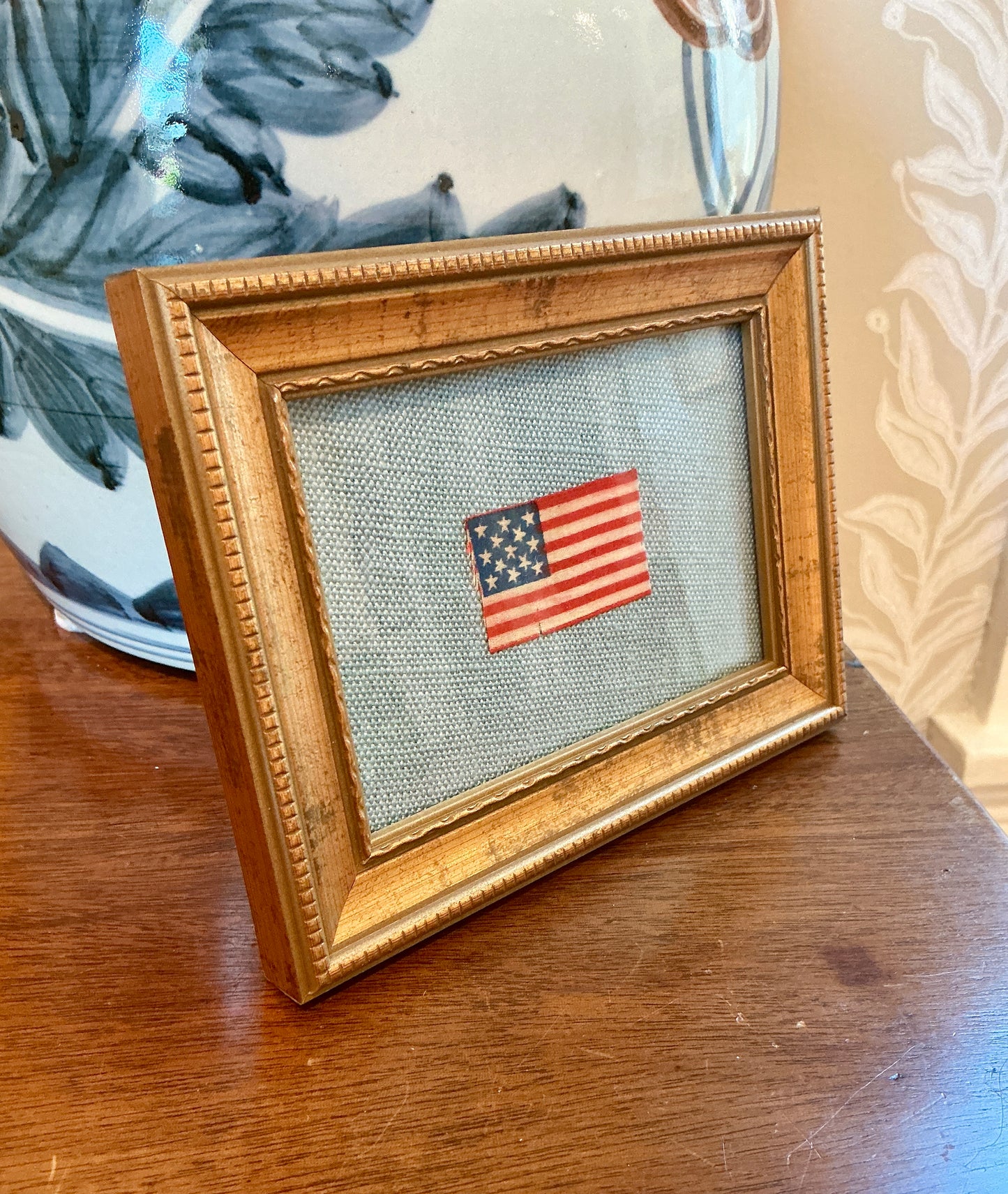 Antique Silk 13 Star American Flag on Light Blue Pique in Gold Carved Frame