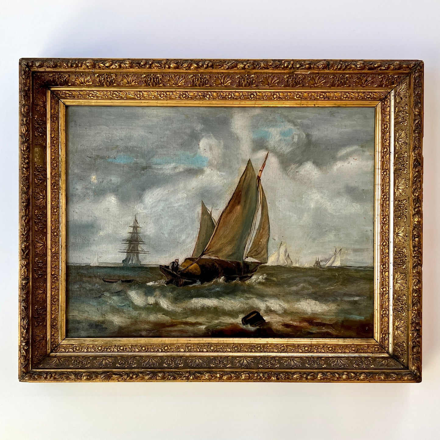 19th century Sailboats in Seascape Oil Painting