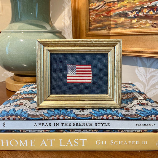 Antique Silk 36 Star American Flag on Navy Pique in Gold Frame