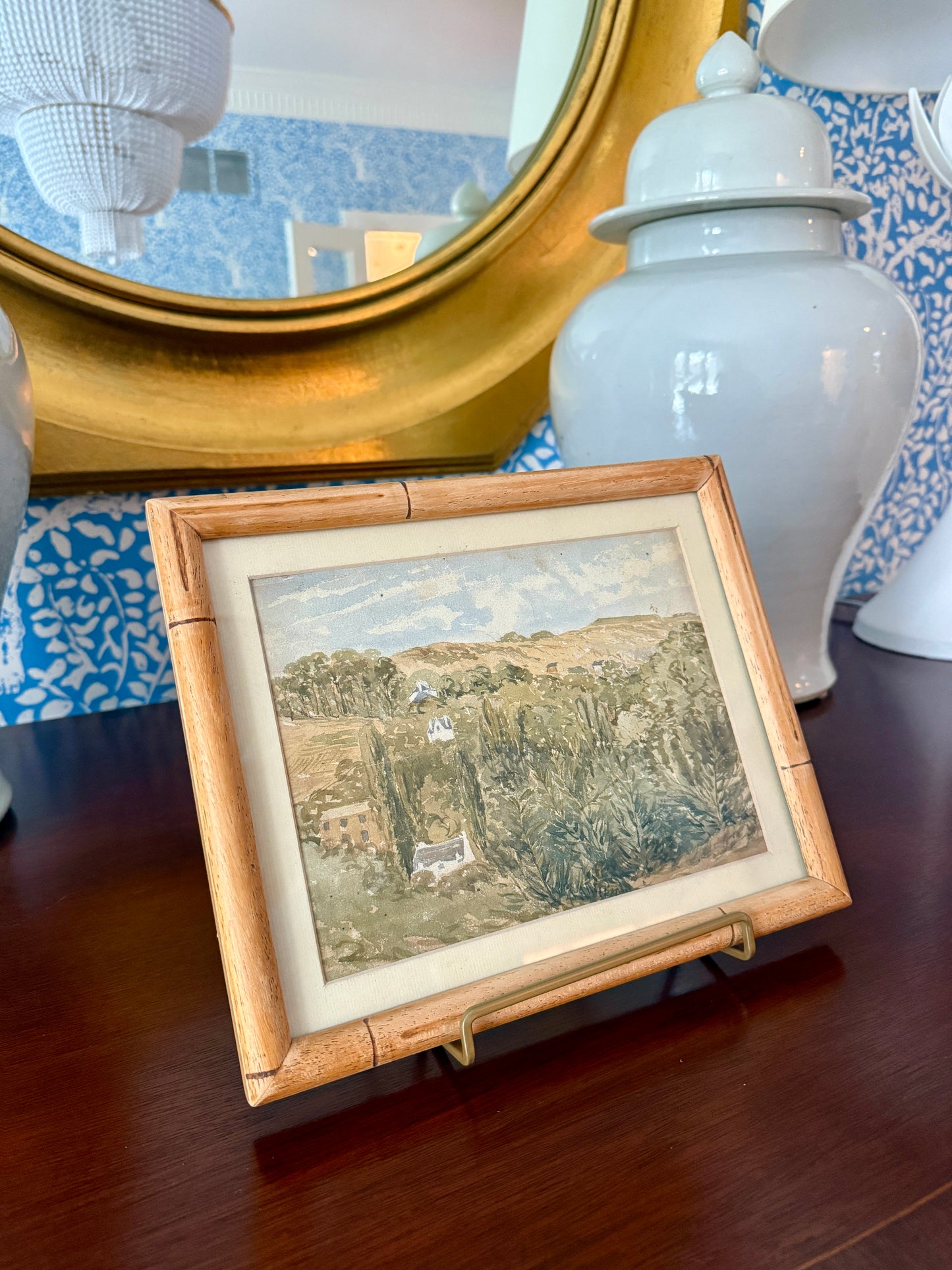 Early 20th Century Watercolor Country Landscape in Light Wood Bamboo Frame