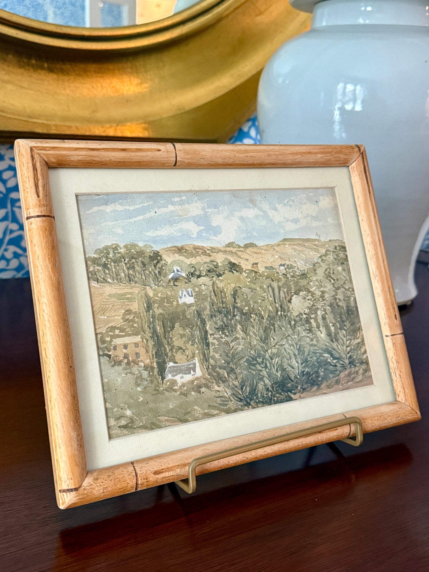 Early 20th Century Watercolor Country Landscape in Light Wood Bamboo Frame