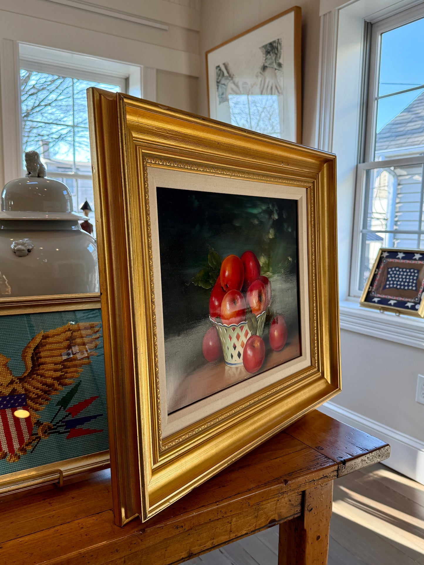 Dominique Obeniche Porcelaine de Paris aux Pommes et Cerises Oil Painting Still Life in Gold Frame