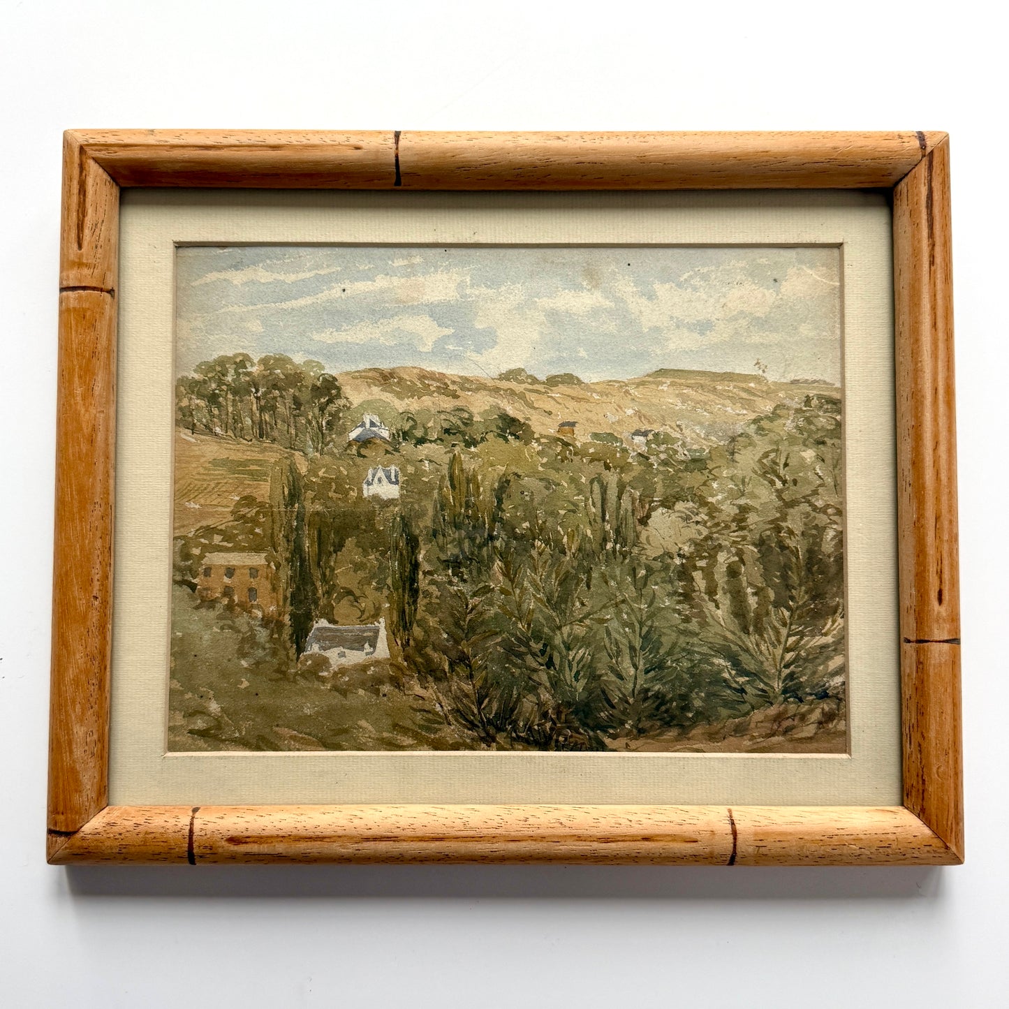 Early 20th Century Watercolor Country Landscape in Light Wood Bamboo Frame