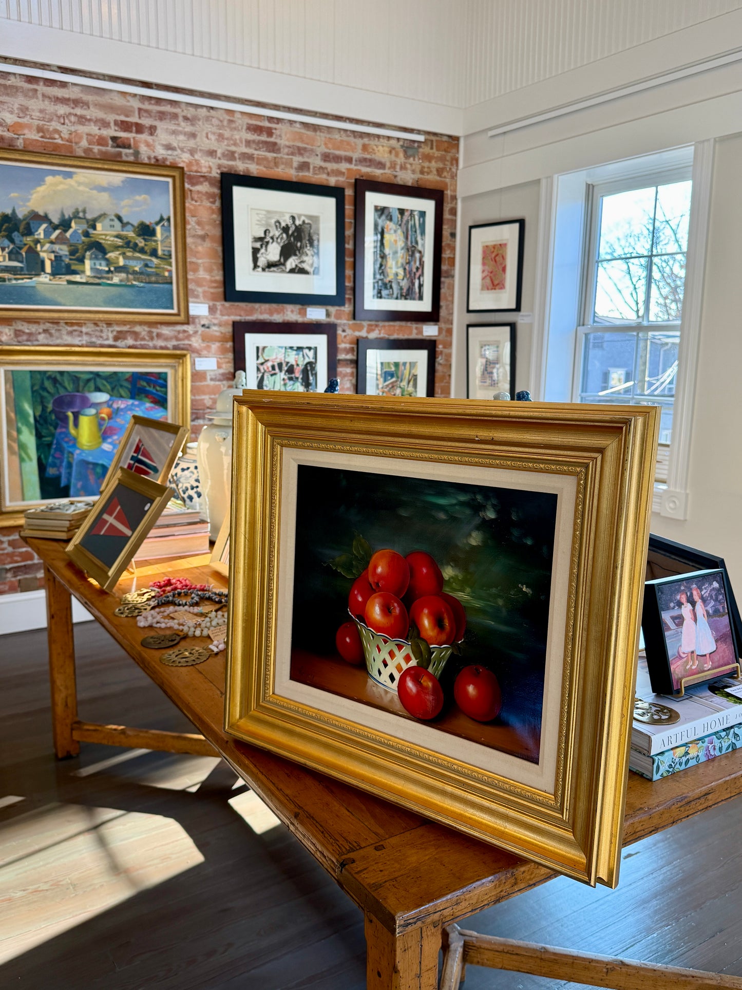 Dominique Obeniche Porcelaine de Paris aux Pommes et Cerises Oil Painting Still Life in Gold Frame