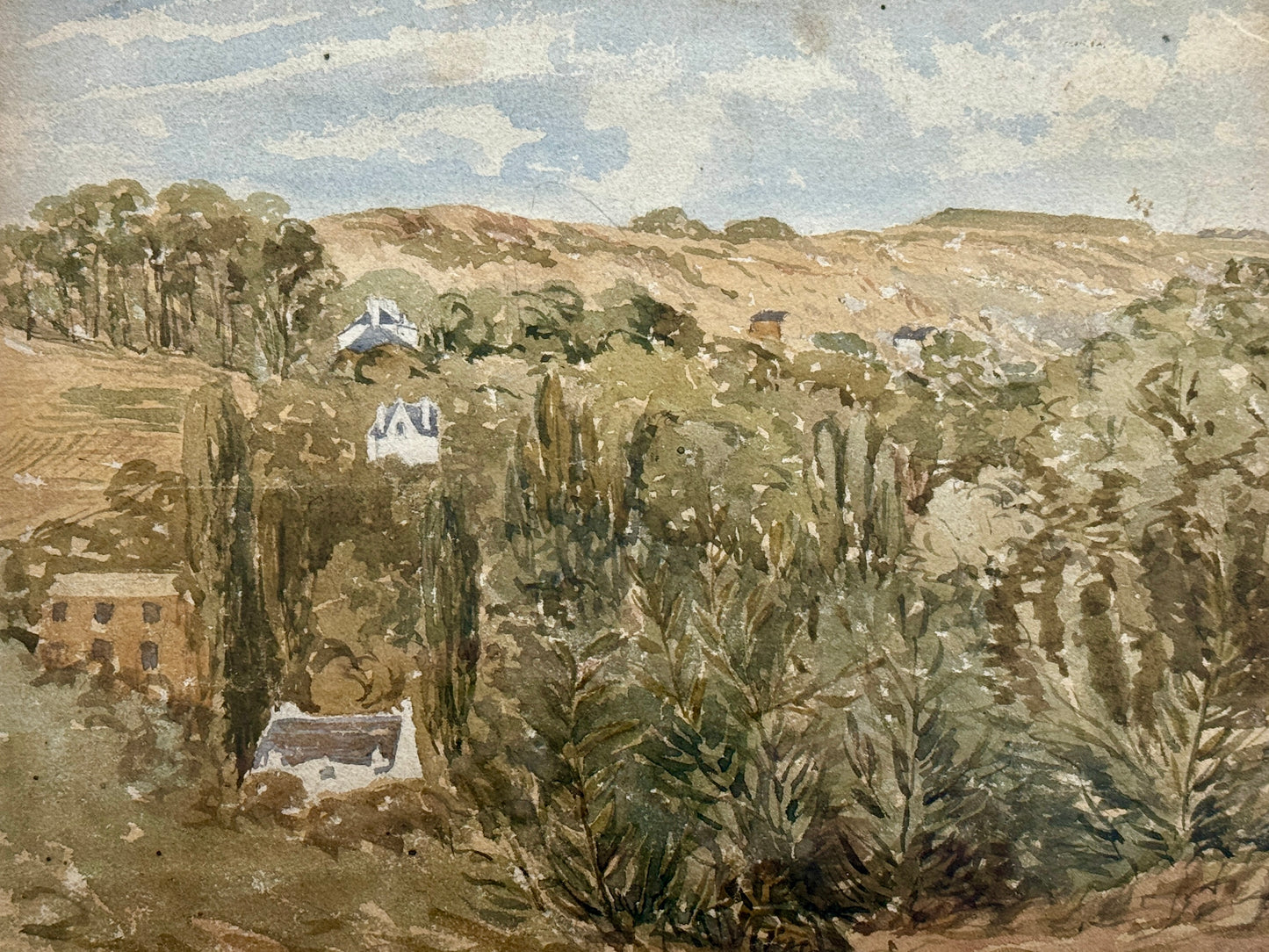 Early 20th Century Watercolor Country Landscape in Light Wood Bamboo Frame