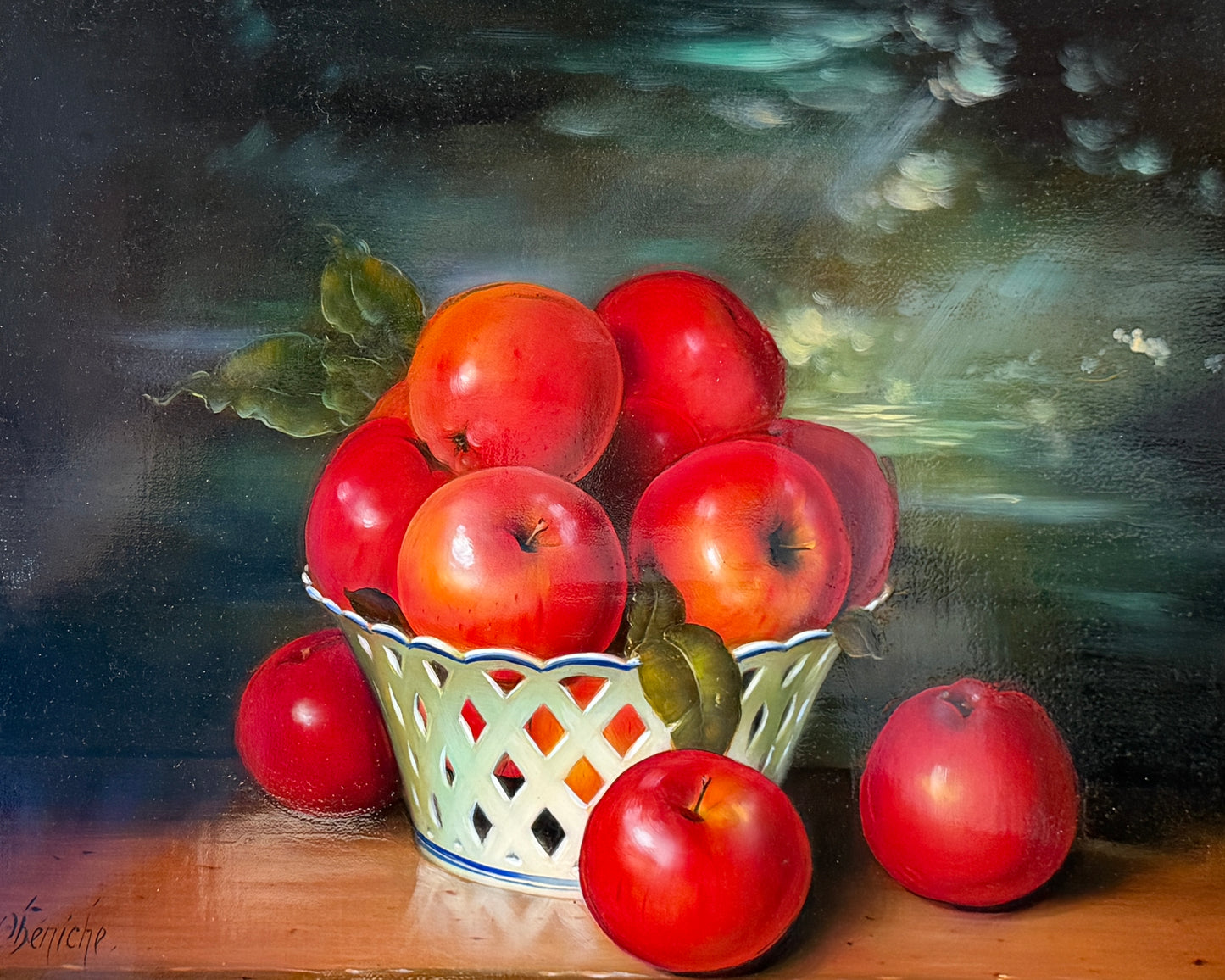 Dominique Obeniche Porcelaine de Paris aux Pommes et Cerises Oil Painting Still Life in Gold Frame