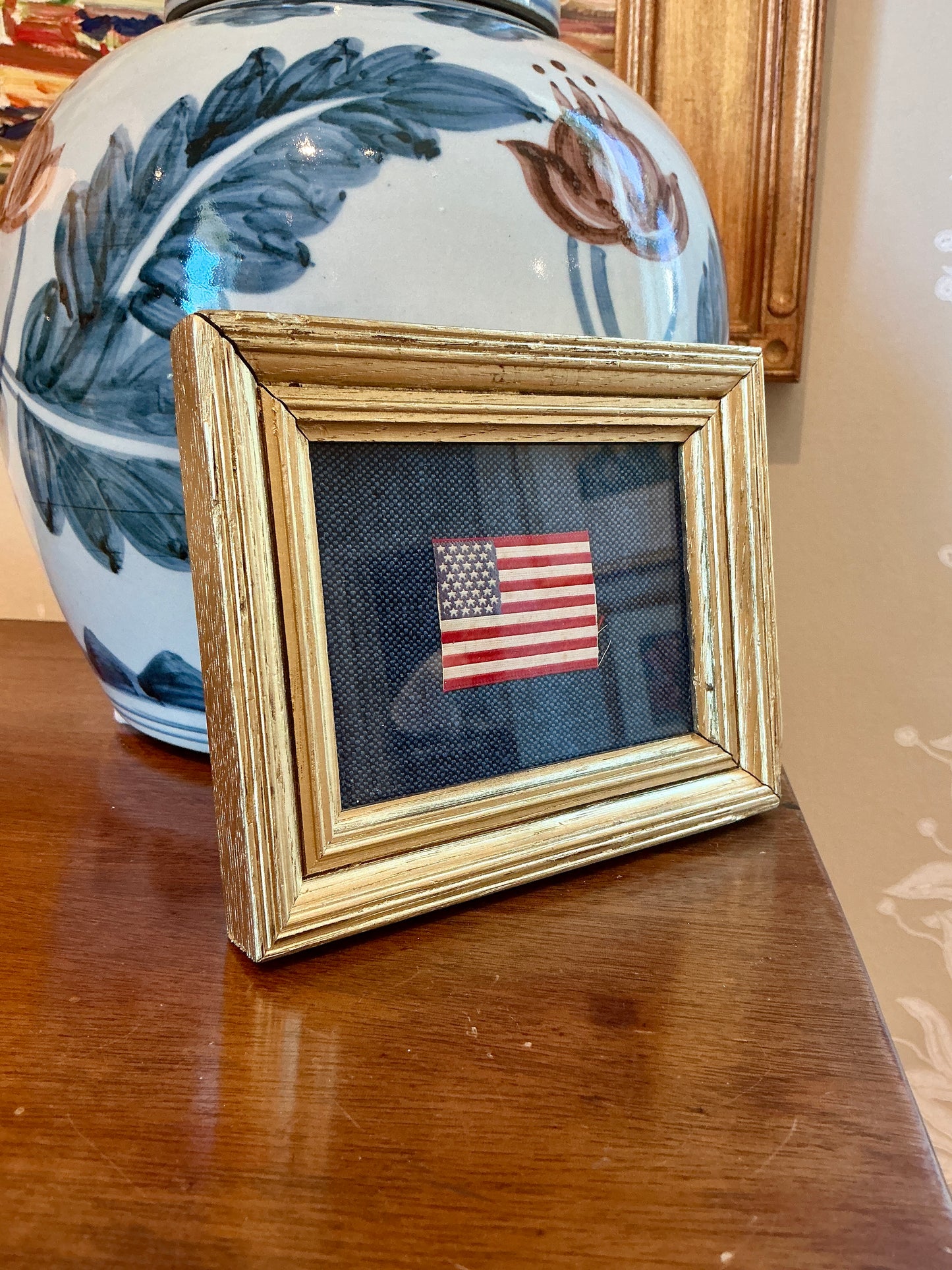Antique Silk 36 Star American Flag on Navy Pique in Gold Frame