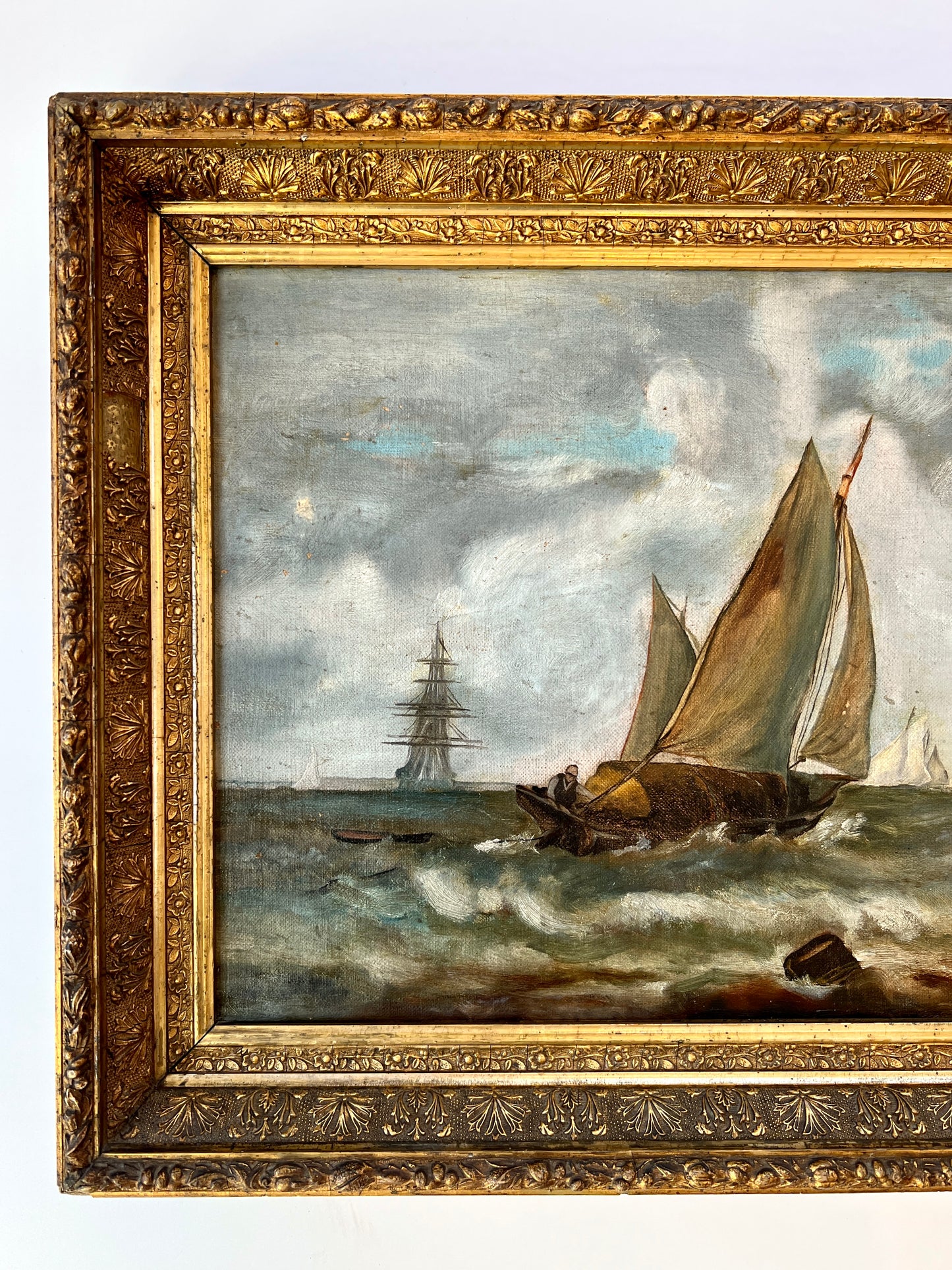 19th century Sailboats in Seascape Oil Painting