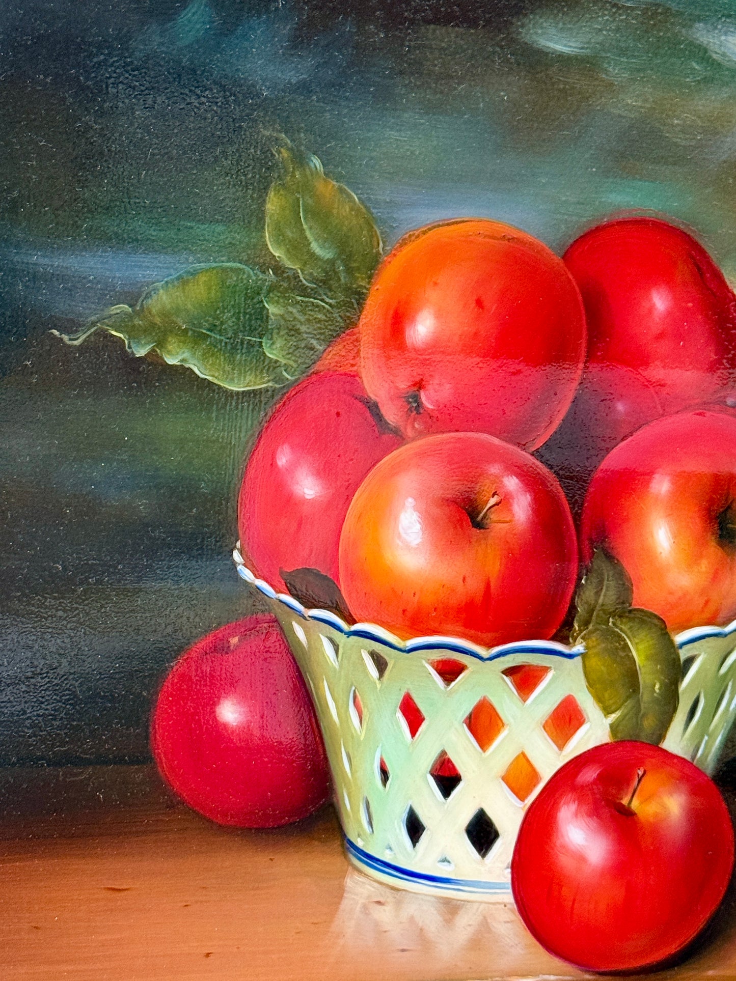 Dominique Obeniche Porcelaine de Paris aux Pommes et Cerises Oil Painting Still Life in Gold Frame