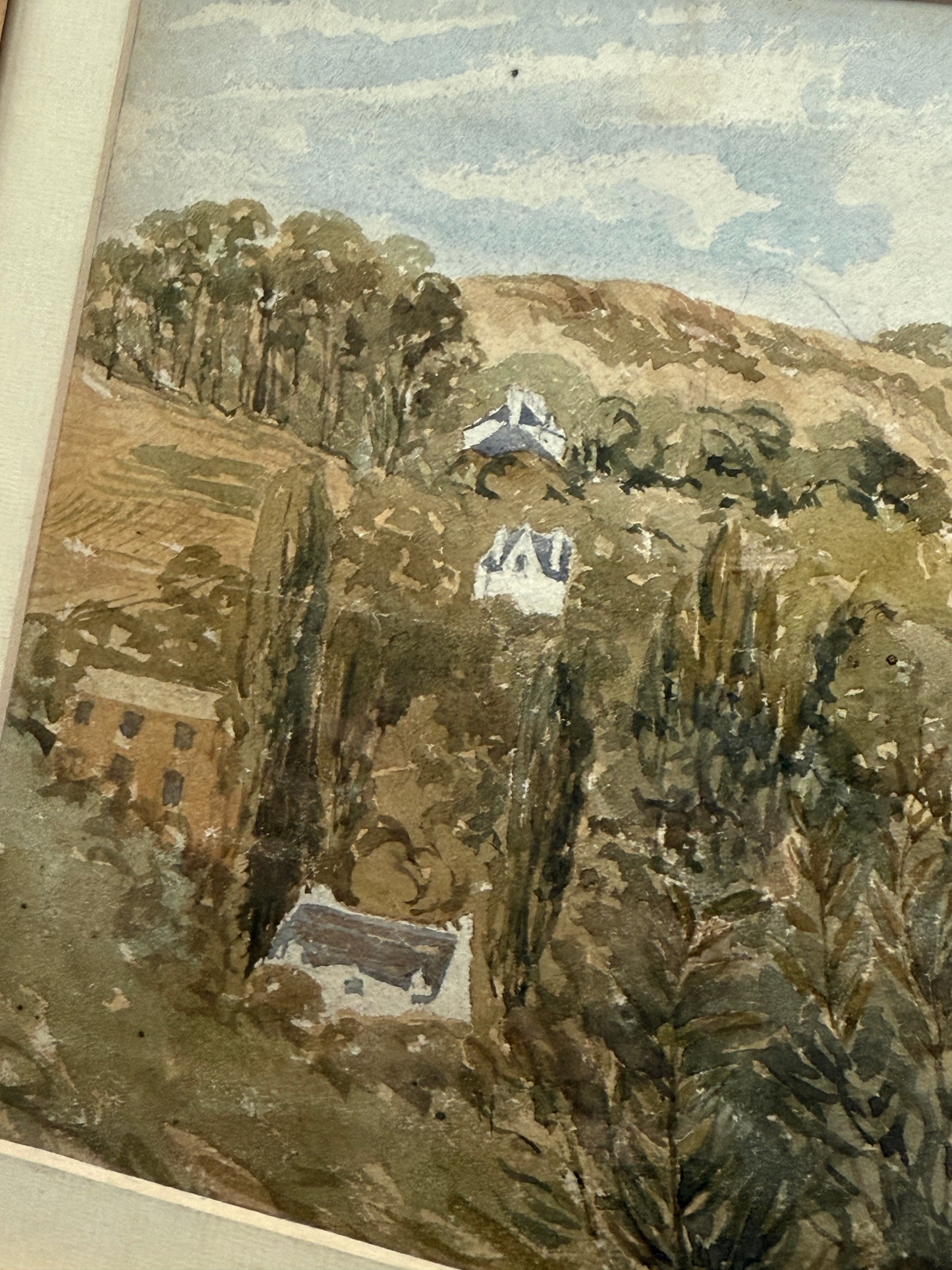 Early 20th Century Watercolor Country Landscape in Light Wood Bamboo Frame