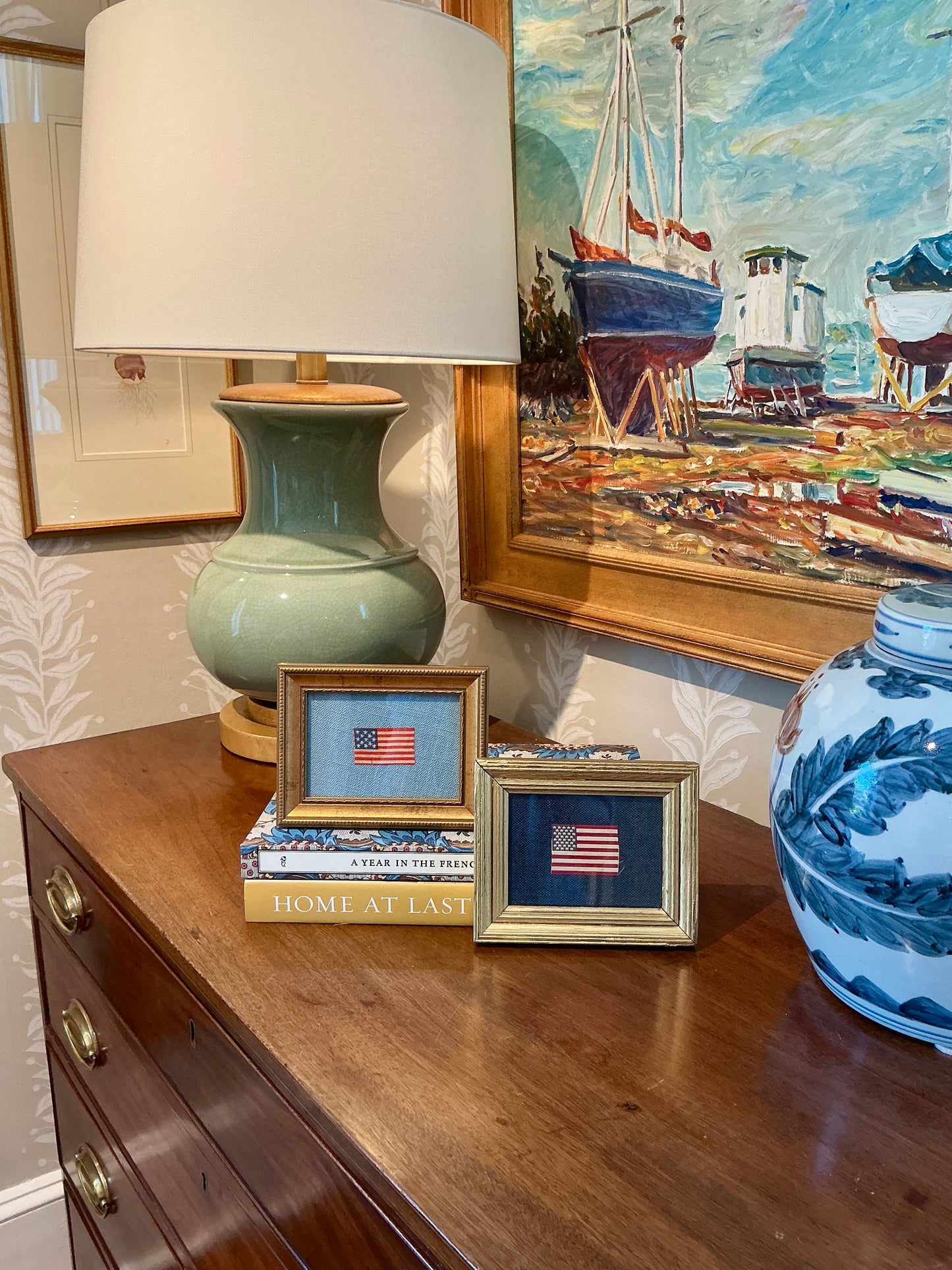 Antique Silk 36 Star American Flag on Navy Pique in Gold Frame