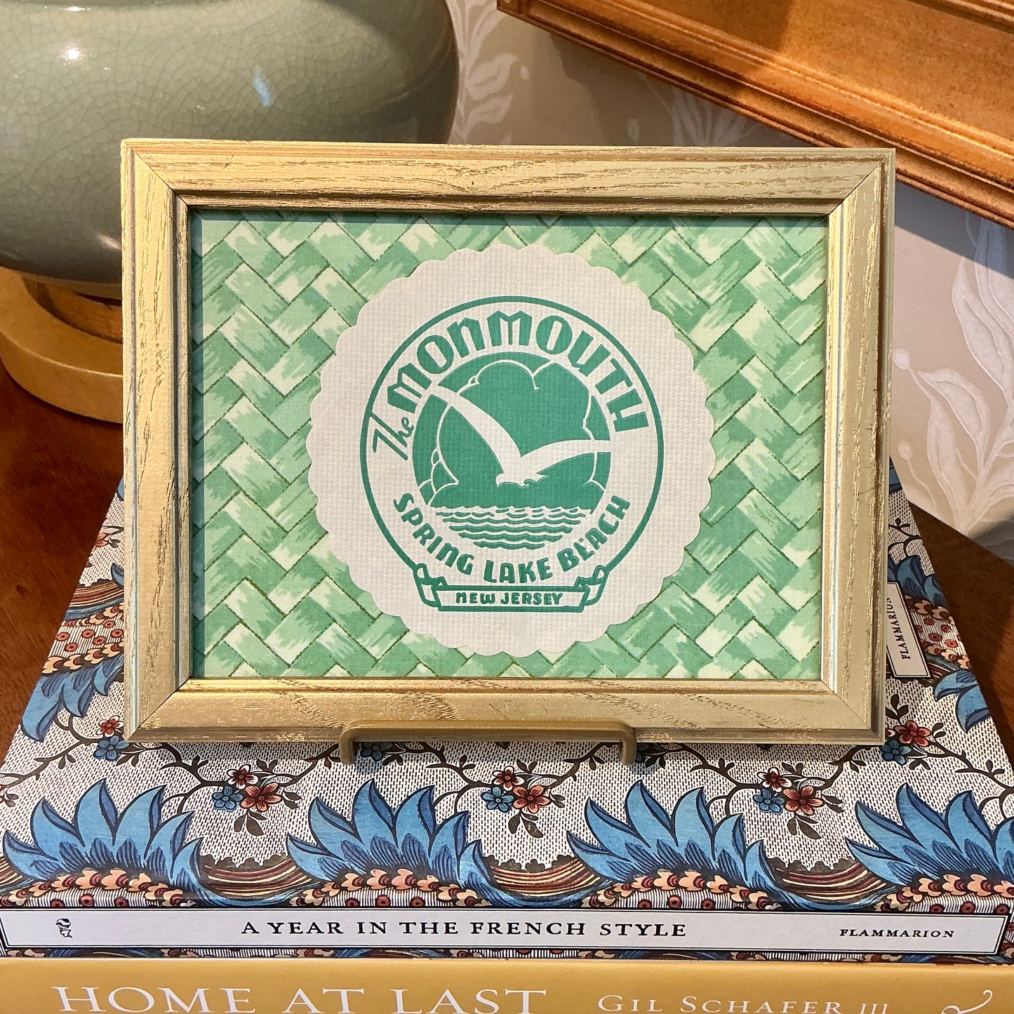 Vintage Monmouth Hotel Spring Lake, NJ Coaster on Green Tropical Basket Weave Designer Fabric in Gold Frame