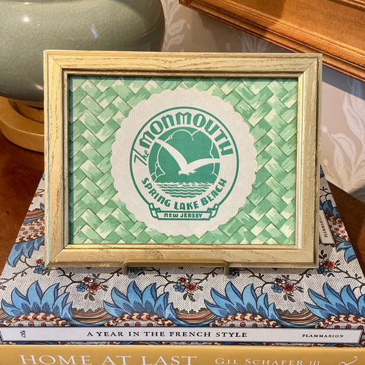 Vintage Monmouth Hotel Spring Lake, NJ Coaster on Green Tropical Basket Weave Designer Fabric in Gold Frame