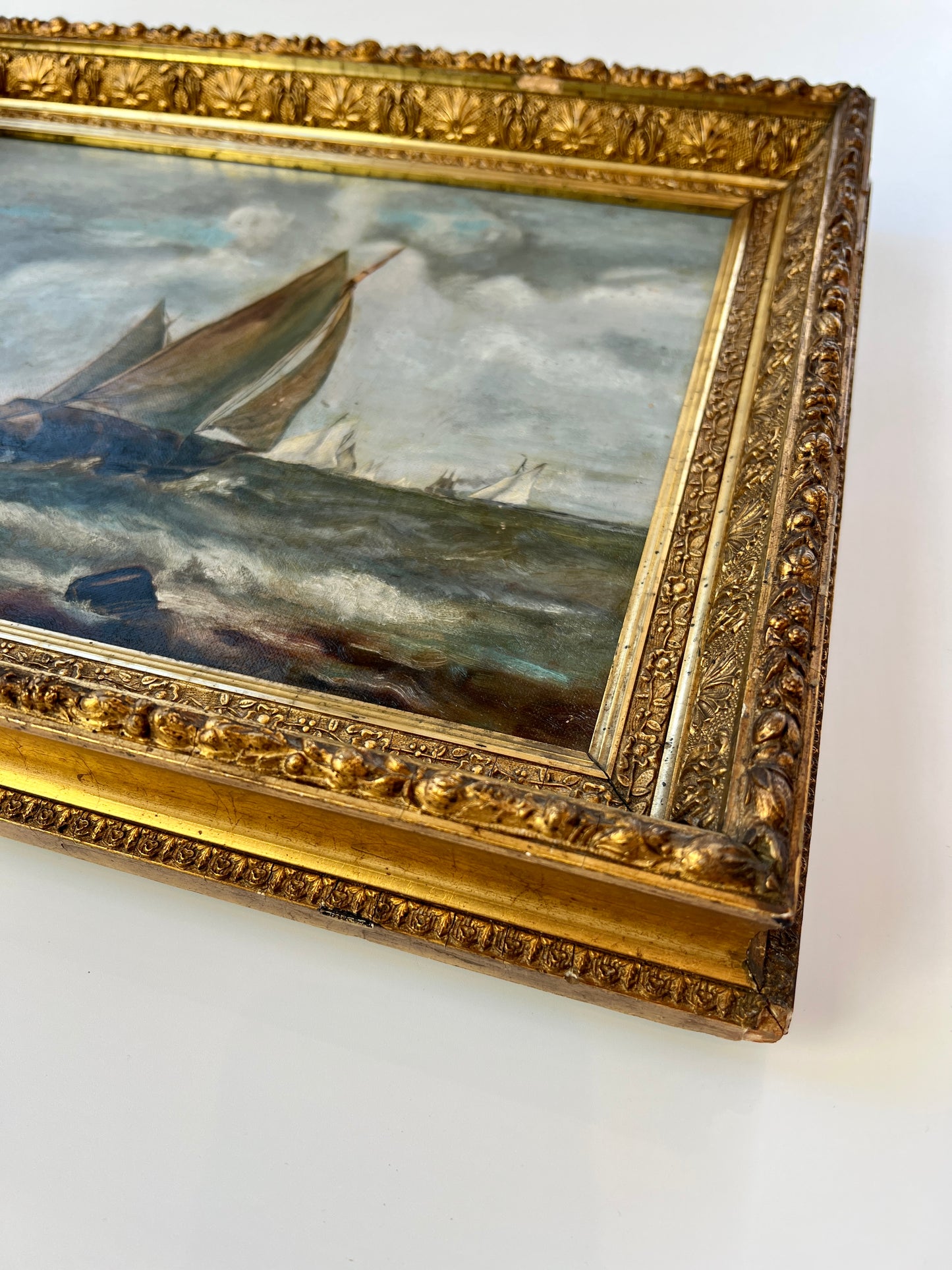 19th century Sailboats in Seascape Oil Painting