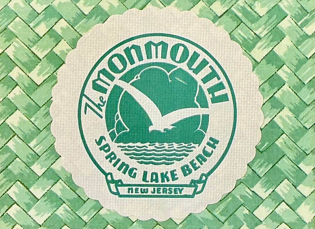 Vintage Monmouth Hotel Spring Lake, NJ Coaster on Green Tropical Basket Weave Designer Fabric in Gold Frame