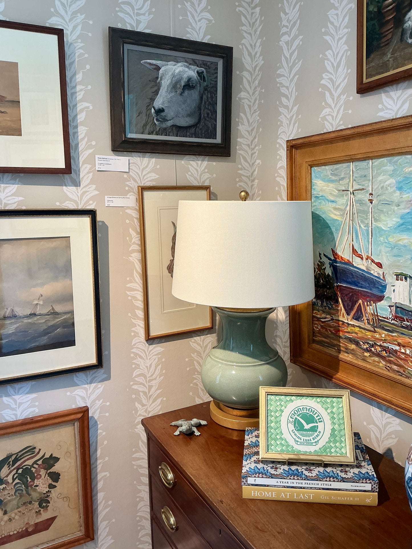 Vintage Monmouth Hotel Spring Lake, NJ Coaster on Green Tropical Basket Weave Designer Fabric in Gold Frame