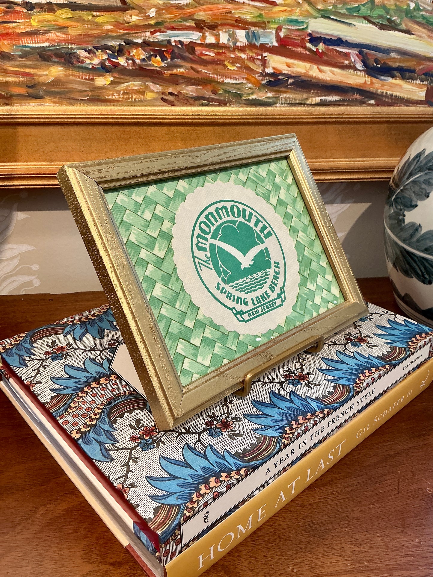 Vintage Monmouth Hotel Spring Lake, NJ Coaster on Green Tropical Basket Weave Designer Fabric in Gold Frame