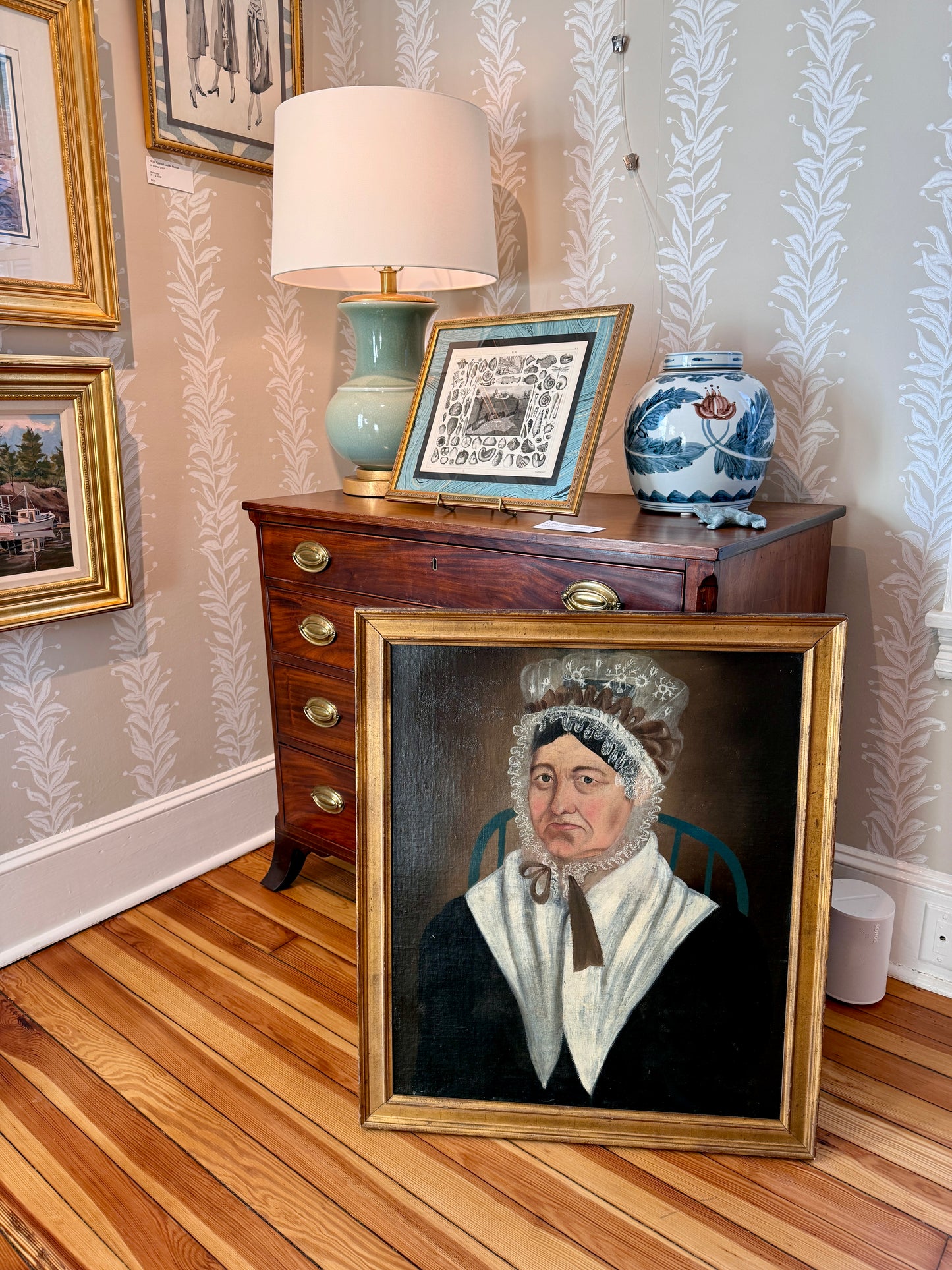 American 19th Century Portrait Attr. to Asahel Powers of a Woman in Lace Bonnet and Bow in Blue Chair Oil Painting in Gold Frame
