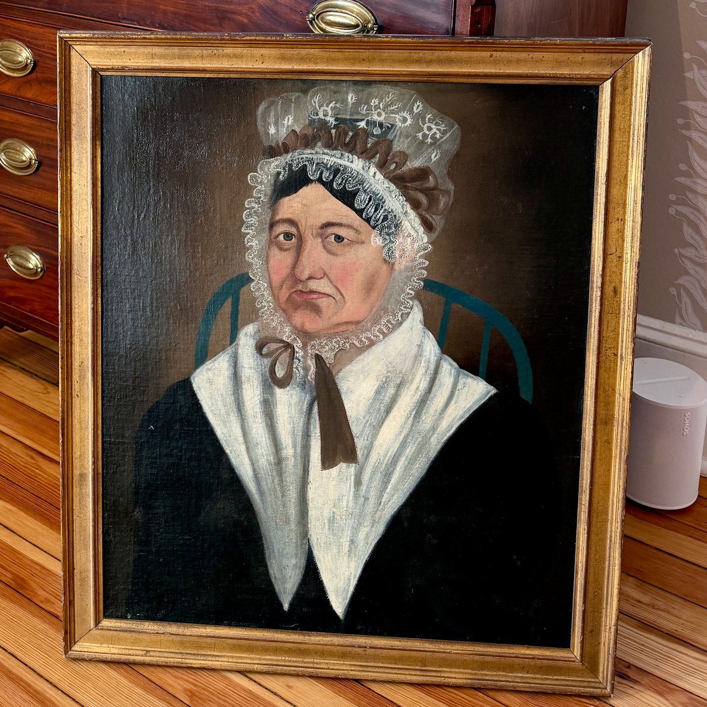 American 19th Century Portrait Attr. to Asahel Powers of a Woman in Lace Bonnet and Bow in Blue Chair Oil Painting in Gold Frame