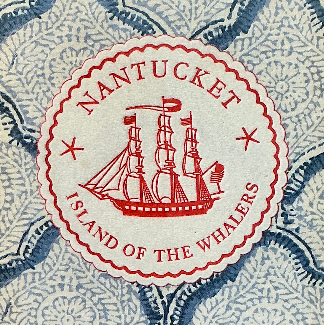 Nantucket Island of the Whalers Vintage 1950s Cocktail Napkin on Blue Kravet Shell Fabric in Gold Frame
