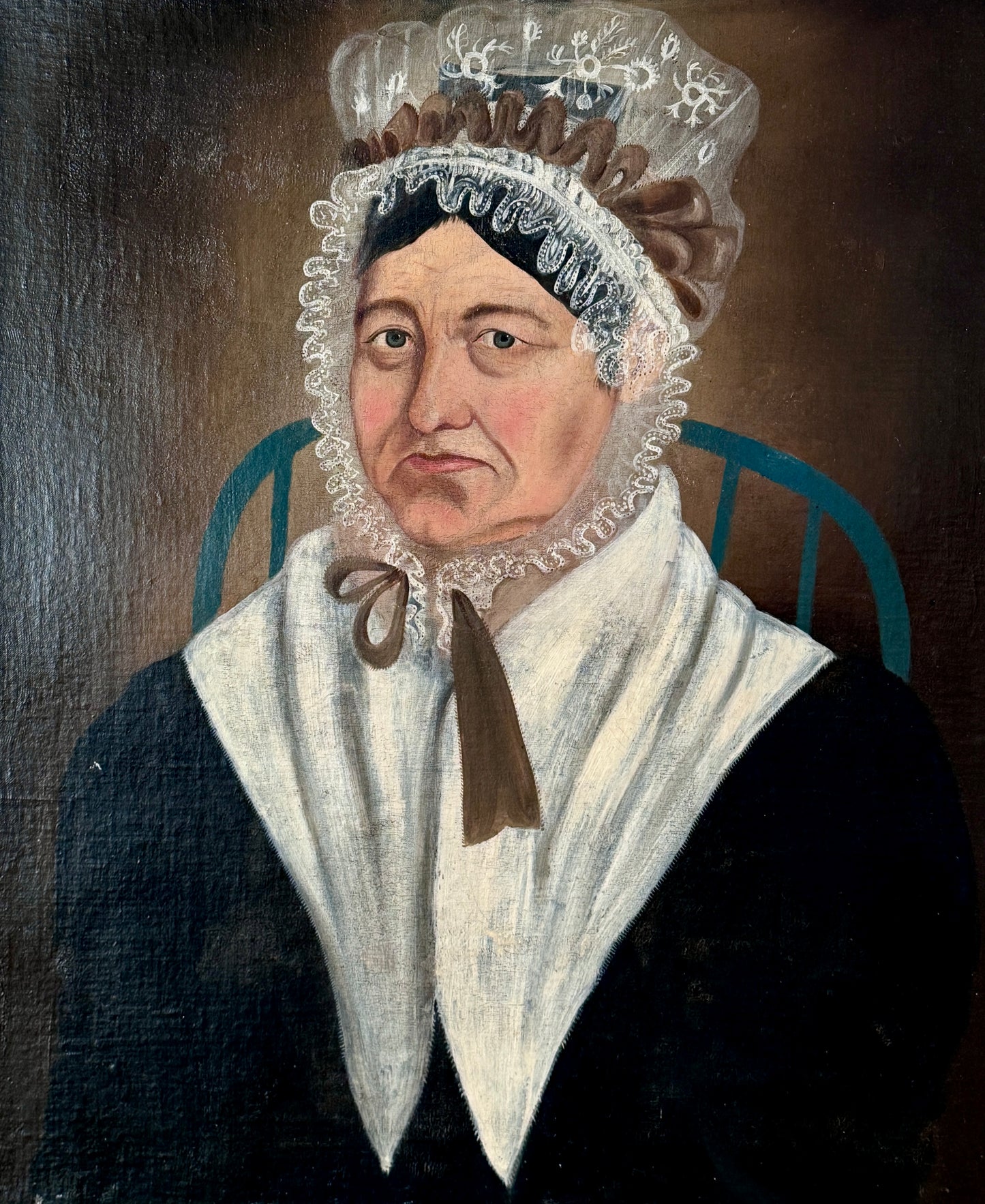 American 19th Century Portrait Attr. to Asahel Powers of a Woman in Lace Bonnet and Bow in Blue Chair Oil Painting in Gold Frame