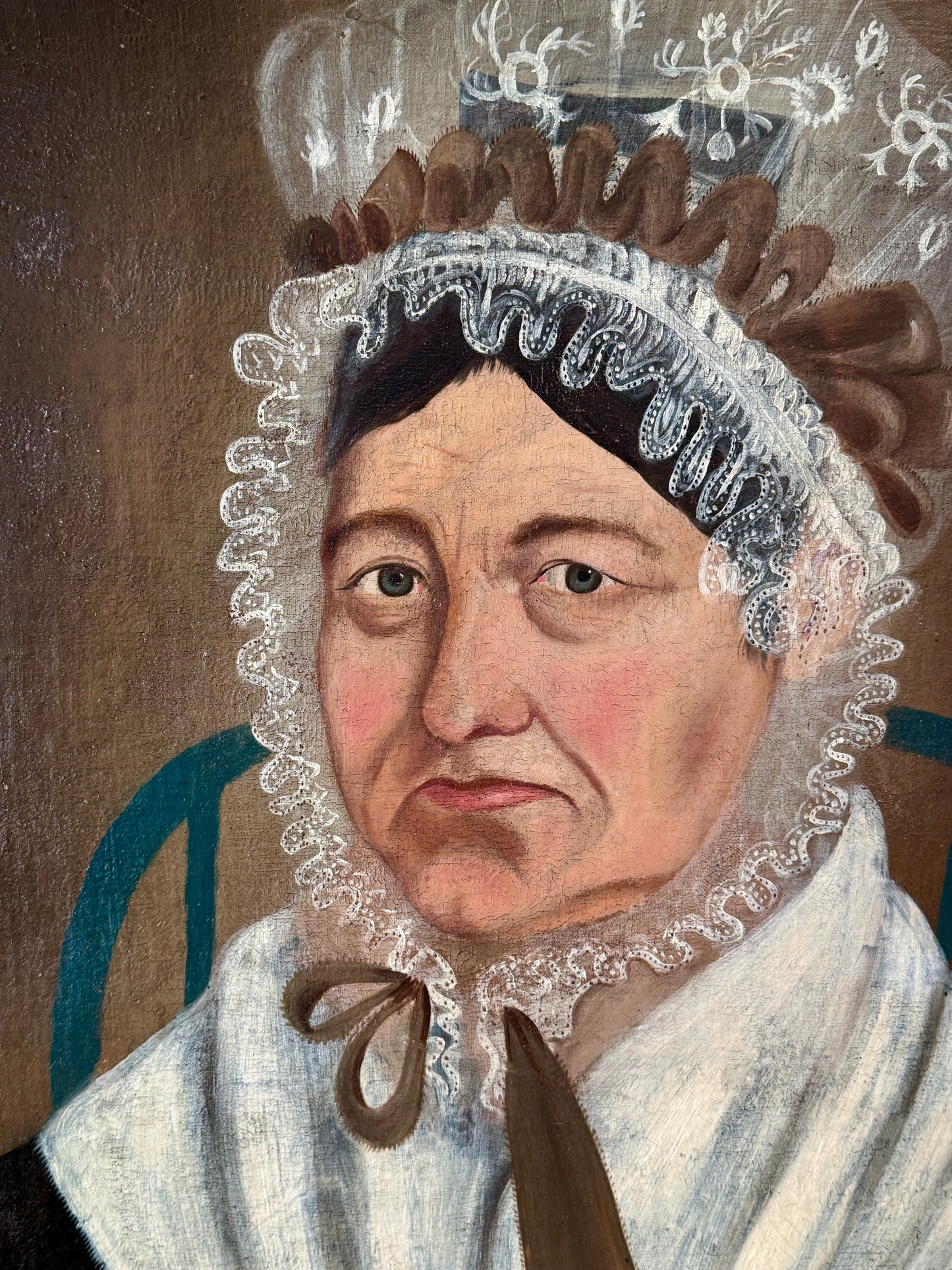 American 19th Century Portrait Attr. to Asahel Powers of a Woman in Lace Bonnet and Bow in Blue Chair Oil Painting in Gold Frame