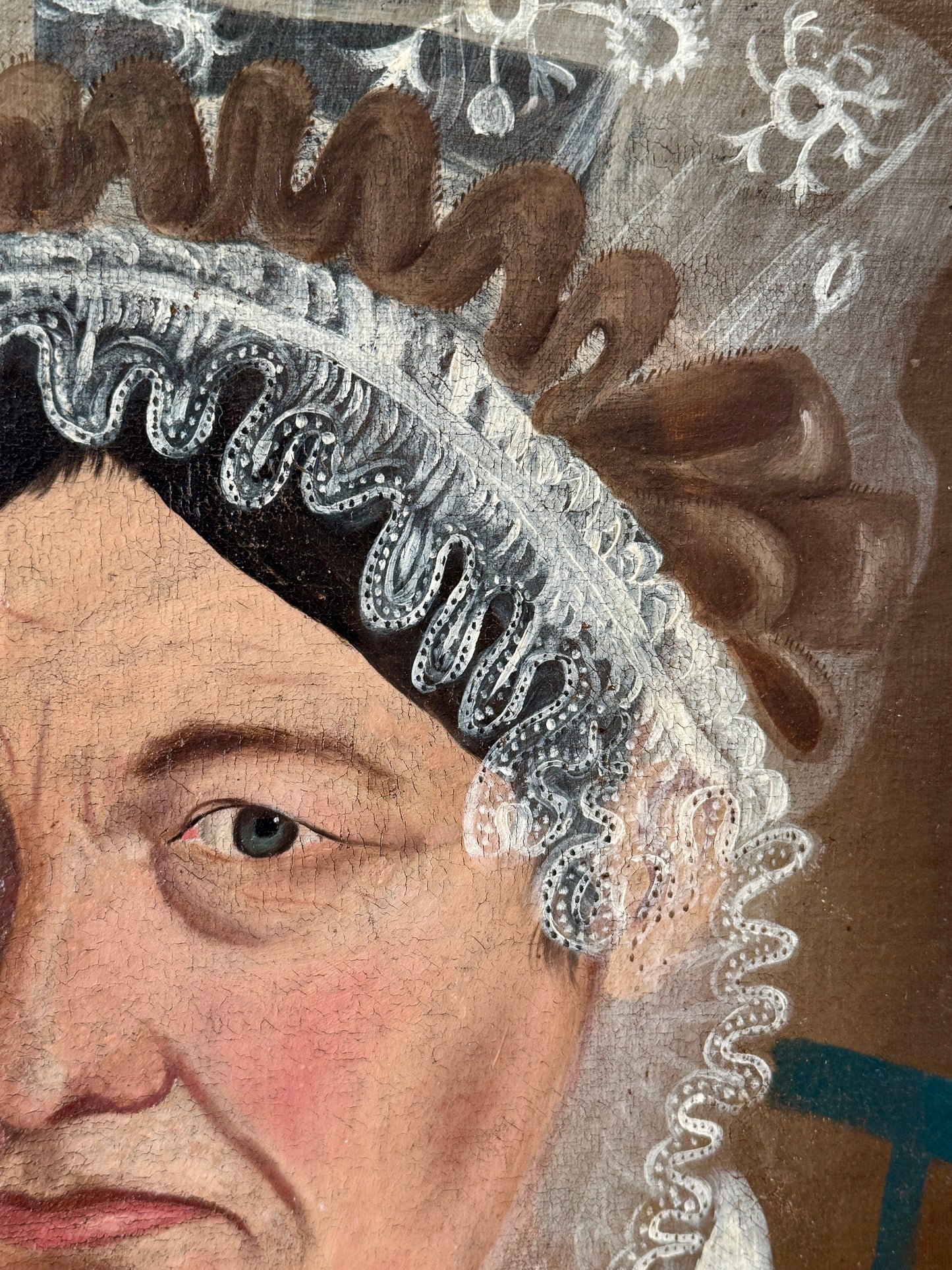 American 19th Century Portrait Attr. to Asahel Powers of a Woman in Lace Bonnet and Bow in Blue Chair Oil Painting in Gold Frame