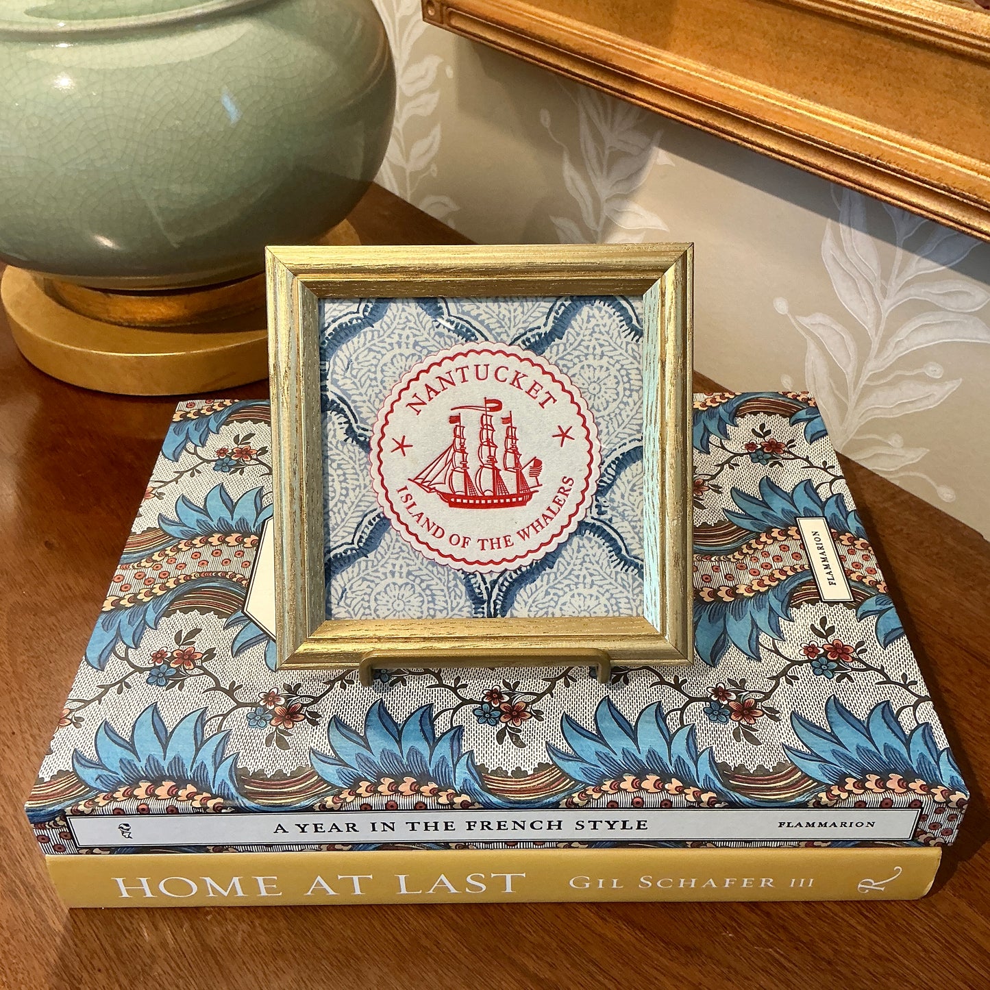 Nantucket Island of the Whalers Vintage 1950s Cocktail Napkin on Blue Kravet Shell Fabric in Gold Frame
