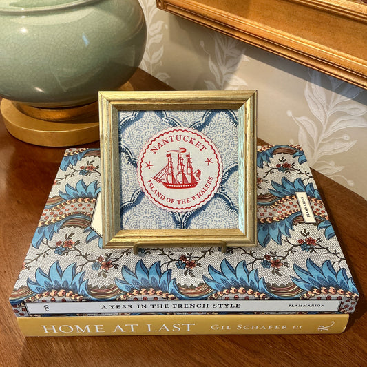 Nantucket Island of the Whalers Vintage 1950s Cocktail Napkin on Blue Kravet Shell Fabric in Gold Frame