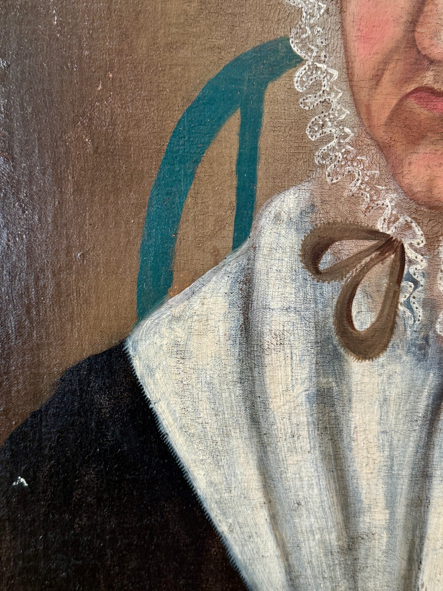 American 19th Century Portrait Attr. to Asahel Powers of a Woman in Lace Bonnet and Bow in Blue Chair Oil Painting in Gold Frame