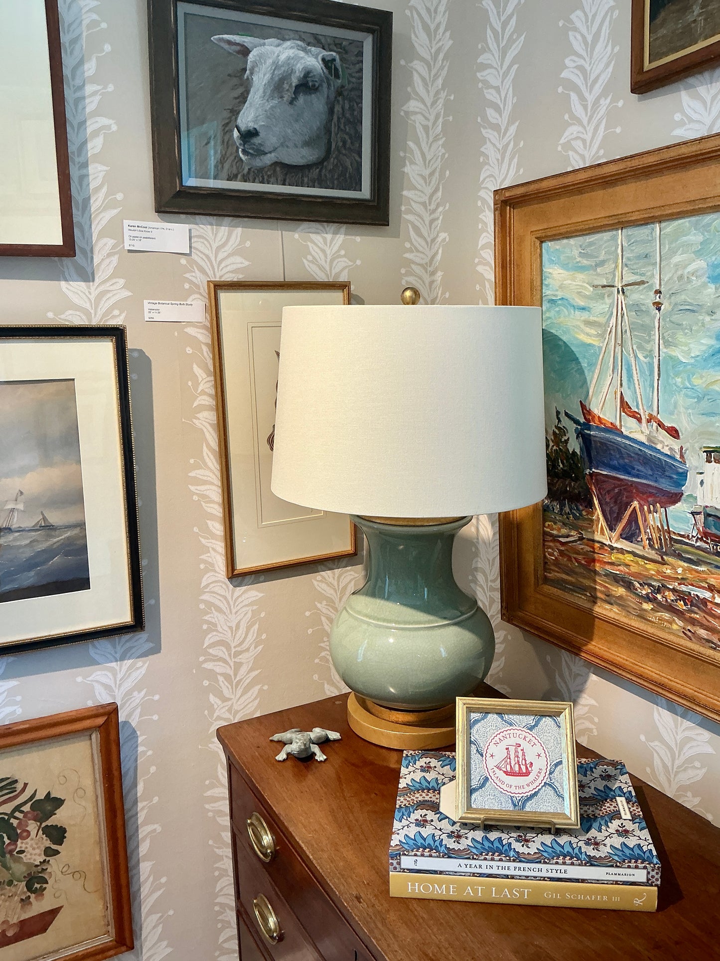 Nantucket Island of the Whalers Vintage 1950s Cocktail Napkin on Blue Kravet Shell Fabric in Gold Frame