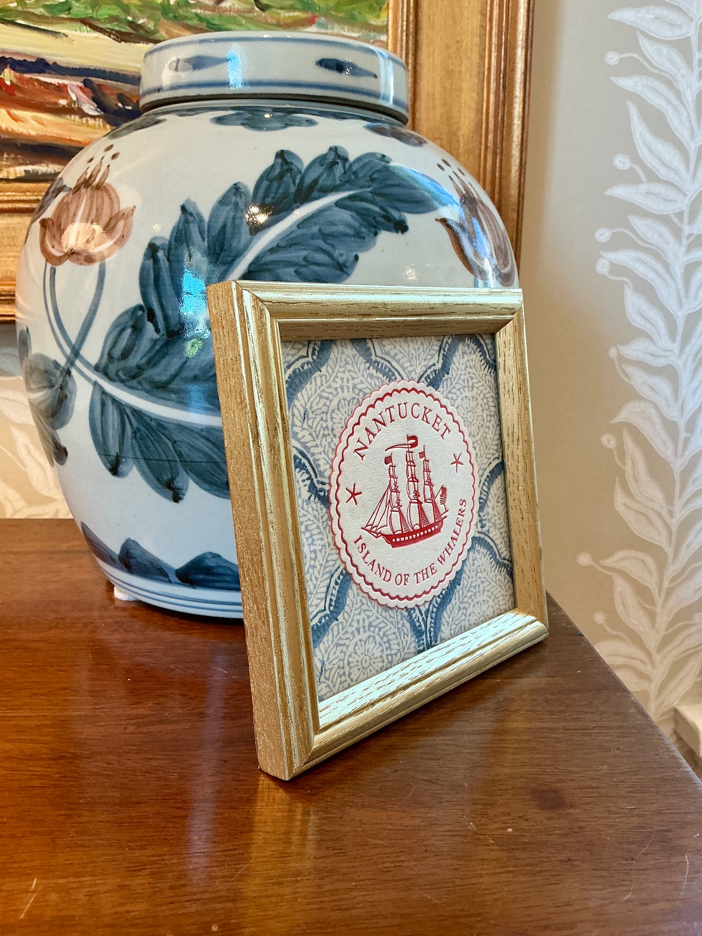 Nantucket Island of the Whalers Vintage 1950s Cocktail Napkin on Blue Kravet Shell Fabric in Gold Frame