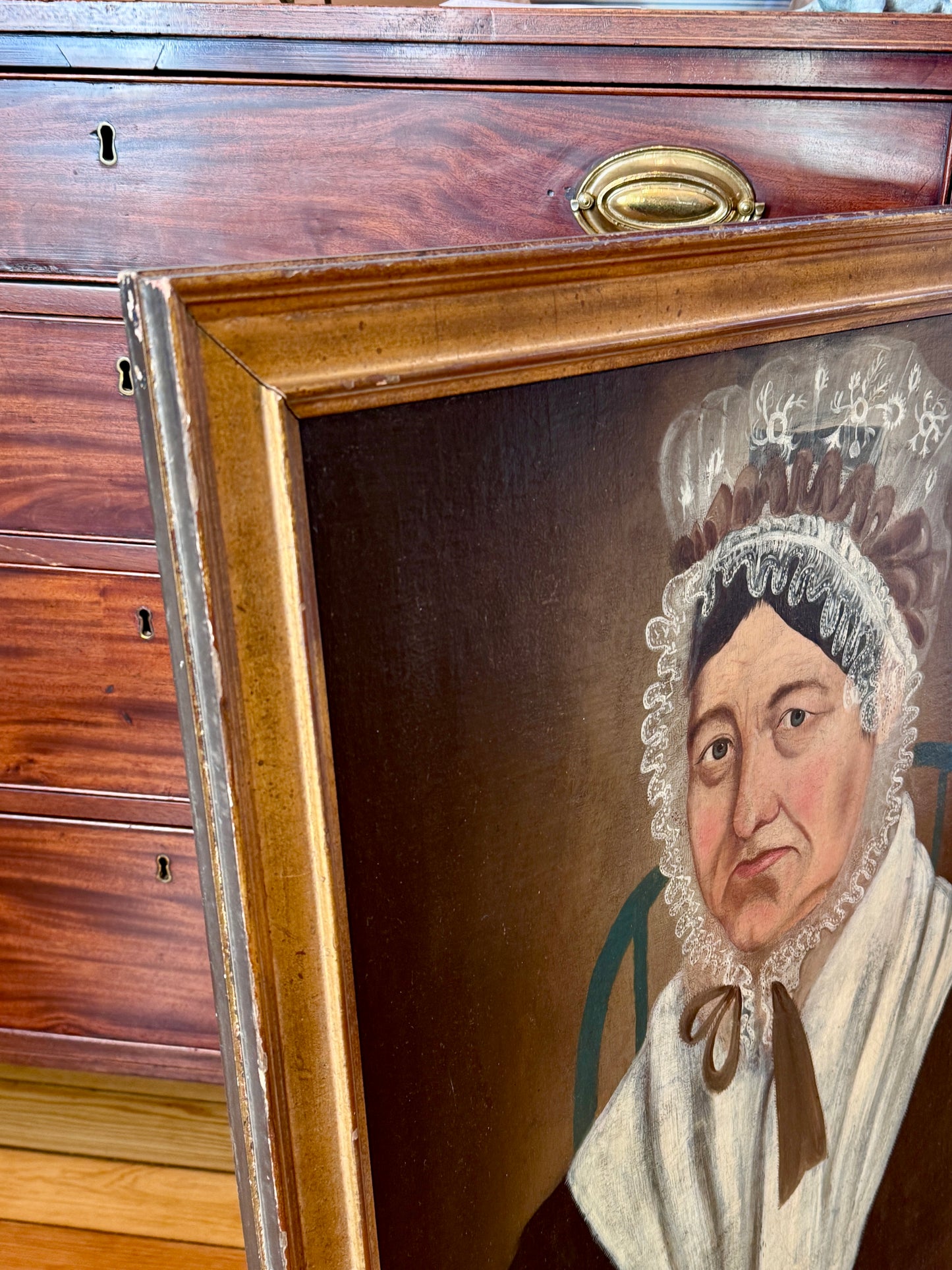 American 19th Century Portrait Attr. to Asahel Powers of a Woman in Lace Bonnet and Bow in Blue Chair Oil Painting in Gold Frame