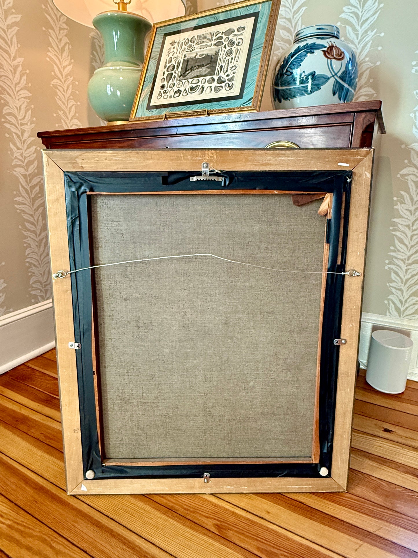 American 19th Century Portrait Attr. to Asahel Powers of a Woman in Lace Bonnet and Bow in Blue Chair Oil Painting in Gold Frame