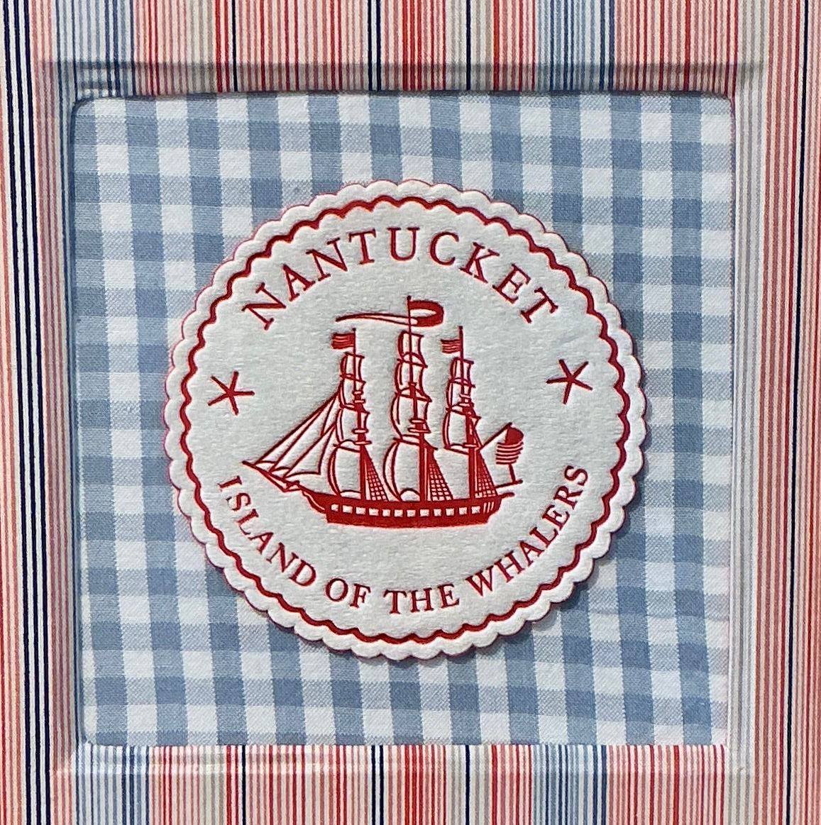 Nantucket Island of the Whalers Vintage 1950s Cocktail Napkin on Blue Gingham and Pink and Blue Stripes in Gold Frame