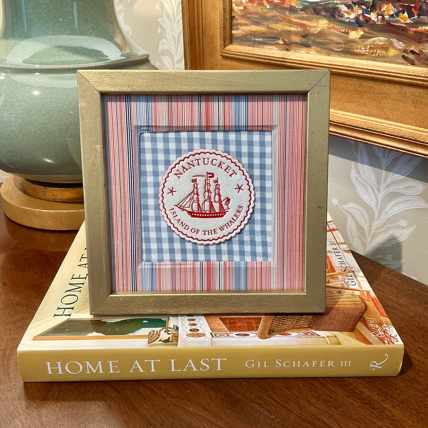 Nantucket Island of the Whalers Vintage 1950s Cocktail Napkin on Blue Gingham and Pink and Blue Stripes in Gold Frame