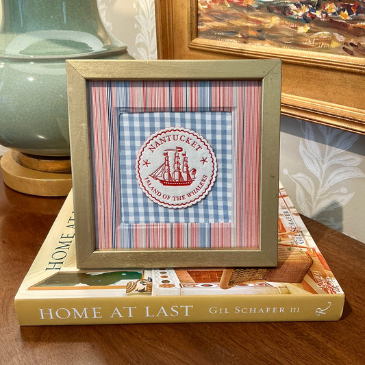 Nantucket Island of the Whalers Vintage 1950s Cocktail Napkin on Blue Gingham and Pink and Blue Stripes in Gold Frame