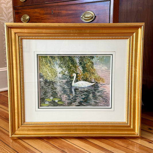 Frederick Kubitz Swan in Lily Pond Watercolor Painting in Gold Frame