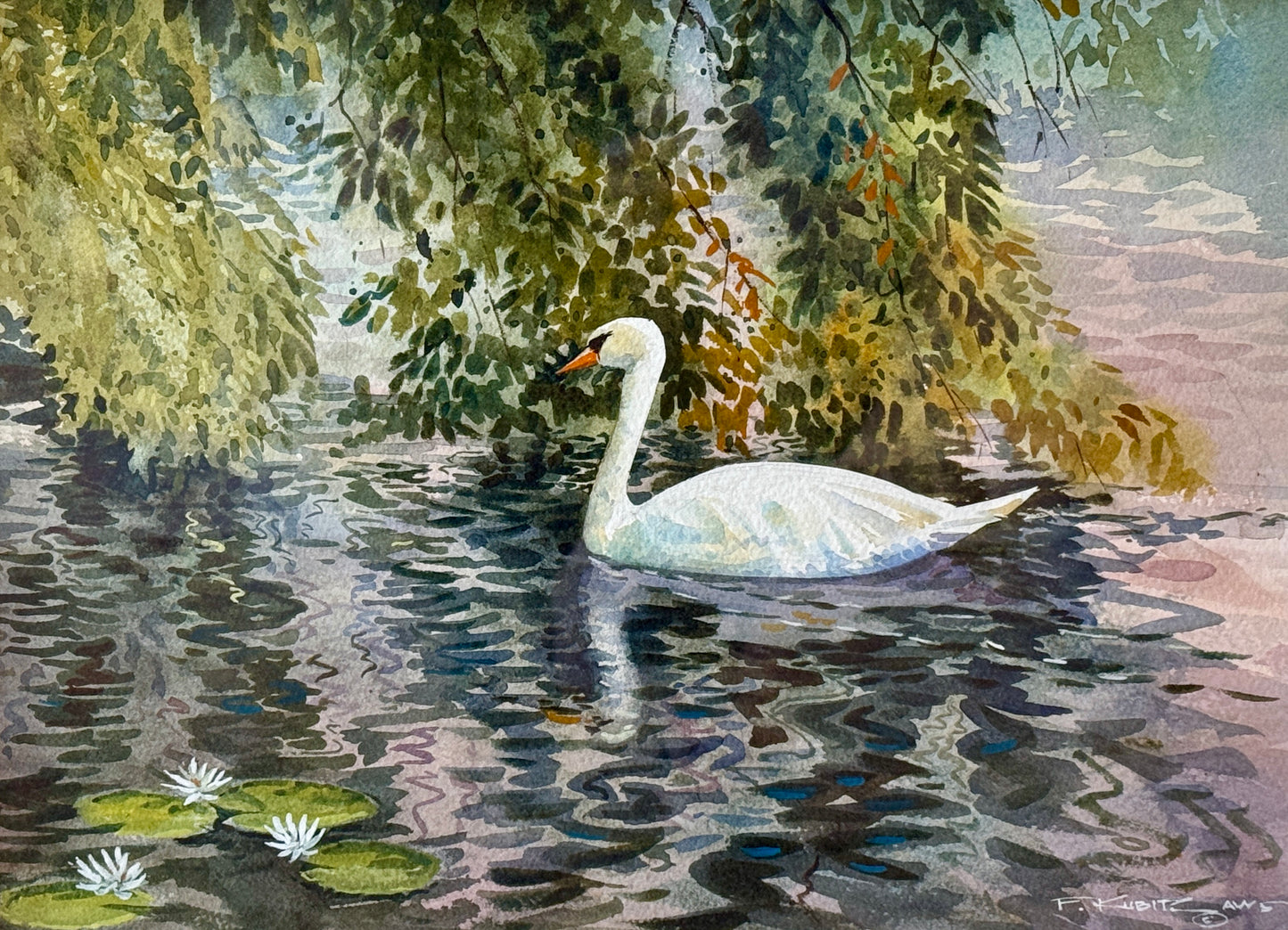 Frederick Kubitz Swan in Lily Pond Watercolor Painting in Gold Frame
