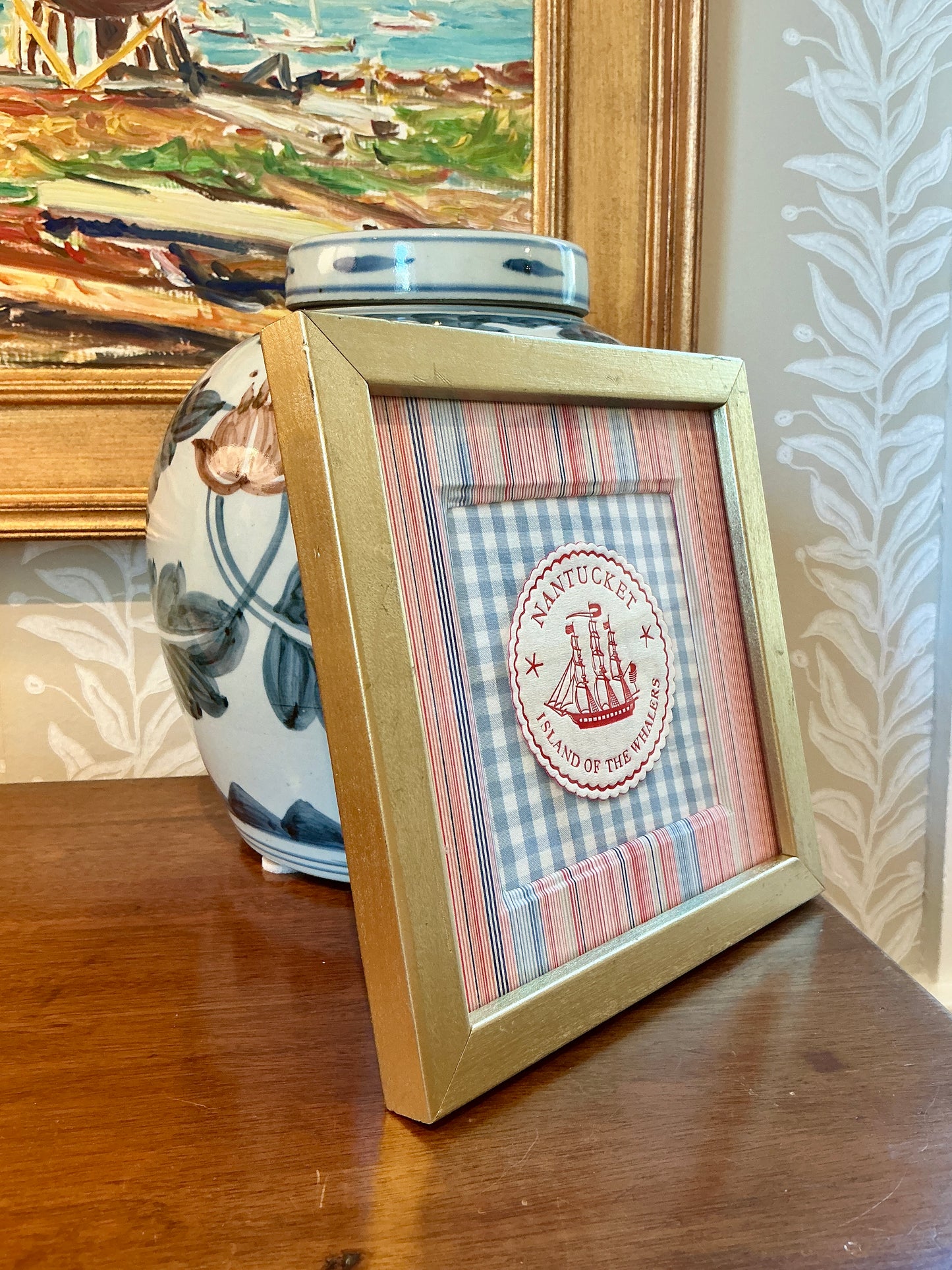 Nantucket Island of the Whalers Vintage 1950s Cocktail Napkin on Blue Gingham and Pink and Blue Stripes in Gold Frame
